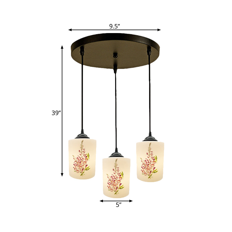 Witdruk Glas Zwart Multi Pendant Lamp Cilinder 3-Licht eetkamer Suspensie Licht met ronde/lineaire luifel