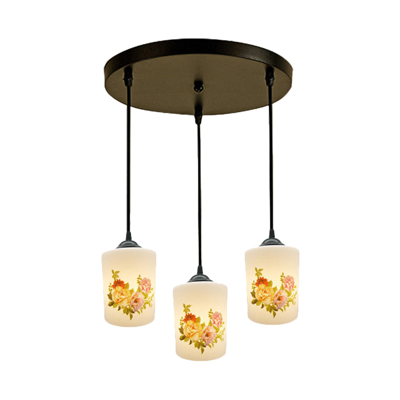Witdruk Glas Zwart Multi Pendant Lamp Cilinder 3-Licht eetkamer Suspensie Licht met ronde/lineaire luifel