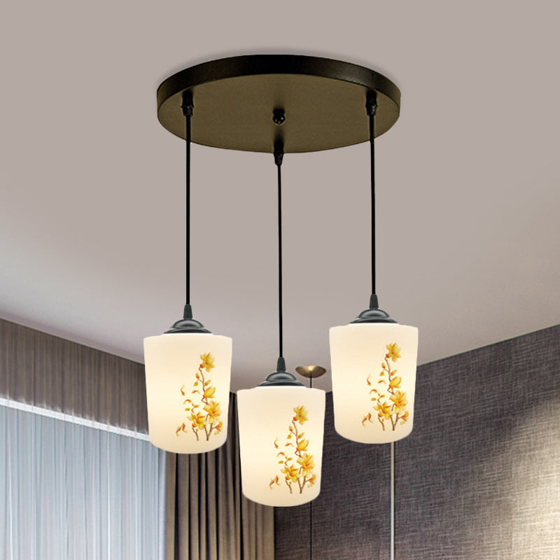 Witdruk Glas Zwart Multi Pendant Lamp Cilinder 3-Licht eetkamer Suspensie Licht met ronde/lineaire luifel