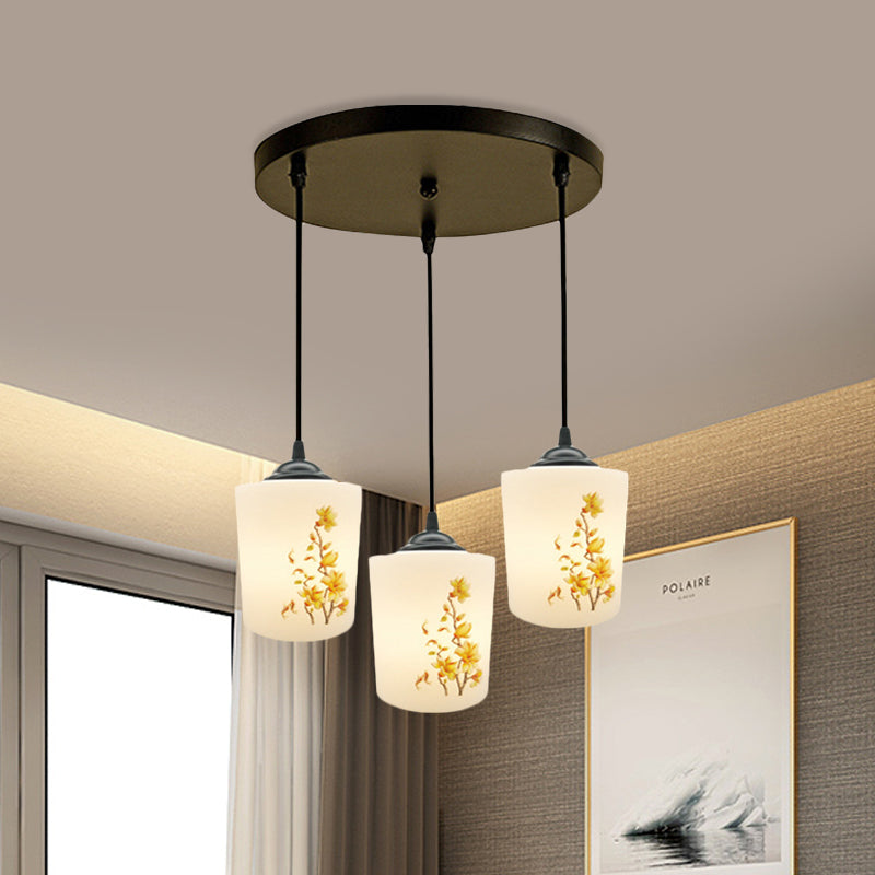 Witdruk Glas Zwart Multi Pendant Lamp Cilinder 3-Licht eetkamer Suspensie Licht met ronde/lineaire luifel