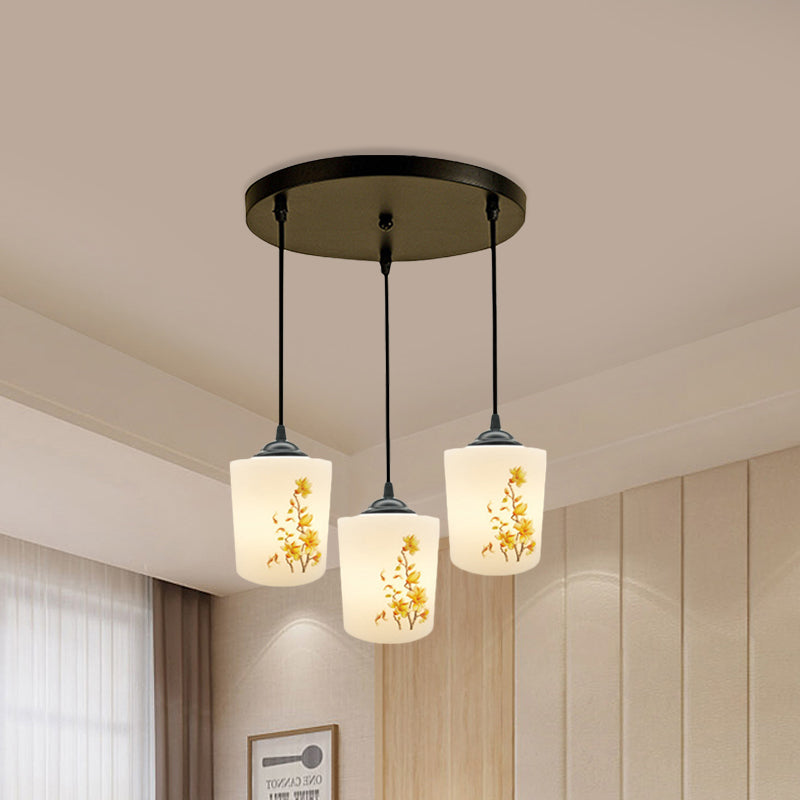 Witdruk Glas Zwart Multi Pendant Lamp Cilinder 3-Licht eetkamer Suspensie Licht met ronde/lineaire luifel