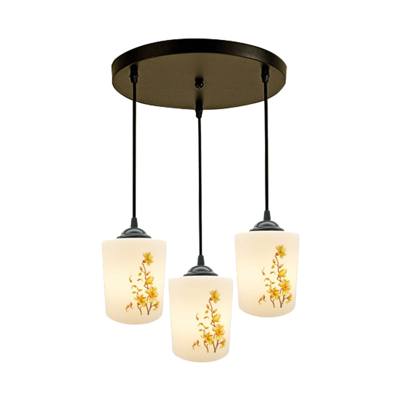 Witdruk Glas Zwart Multi Pendant Lamp Cilinder 3-Licht eetkamer Suspensie Licht met ronde/lineaire luifel
