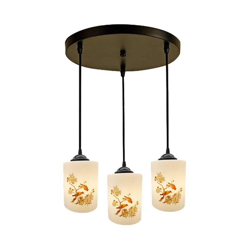 White Printing Glass Black Multi Pendant Lamp Cylinder 3-Light Dining Room Suspension Light with Round/Linear Canopy
