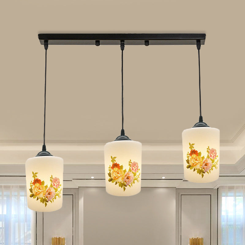 Witdruk Glas Zwart Multi Pendant Lamp Cilinder 3-Licht eetkamer Suspensie Licht met ronde/lineaire luifel