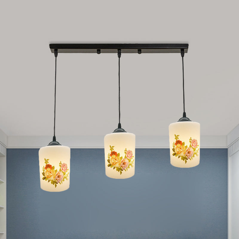 Witdruk Glas Zwart Multi Pendant Lamp Cilinder 3-Licht eetkamer Suspensie Licht met ronde/lineaire luifel