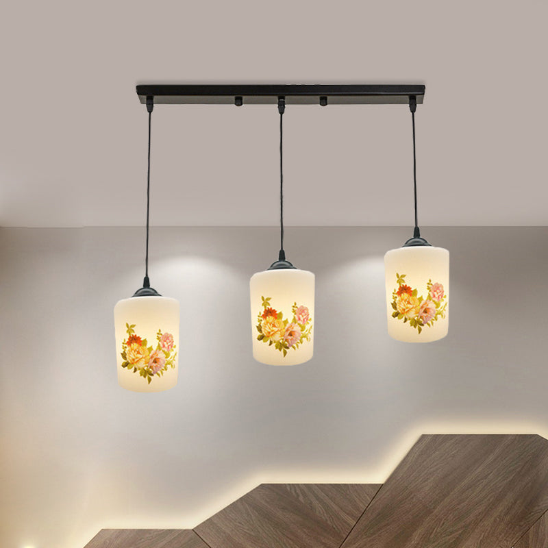 Witdruk Glas Zwart Multi Pendant Lamp Cilinder 3-Licht eetkamer Suspensie Licht met ronde/lineaire luifel