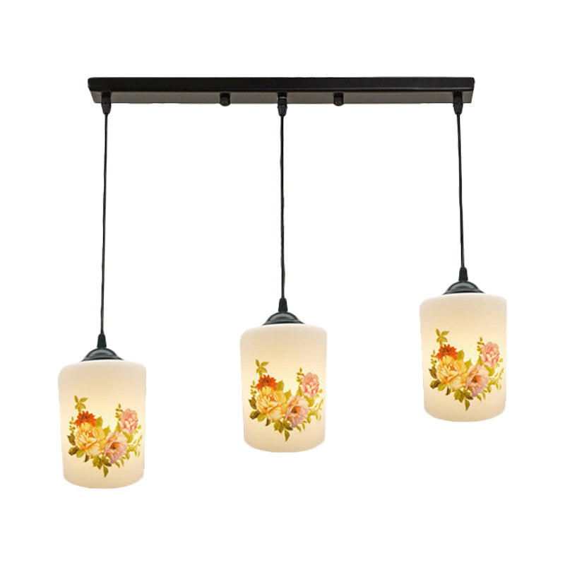 Witdruk Glas Zwart Multi Pendant Lamp Cilinder 3-Licht eetkamer Suspensie Licht met ronde/lineaire luifel