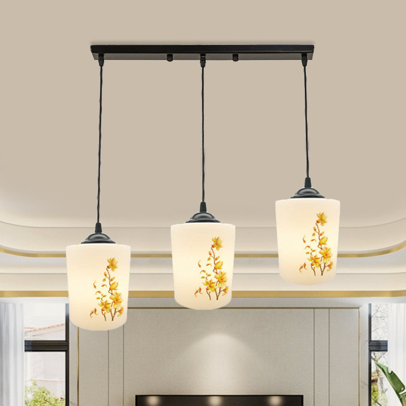 Witdruk Glas Zwart Multi Pendant Lamp Cilinder 3-Licht eetkamer Suspensie Licht met ronde/lineaire luifel