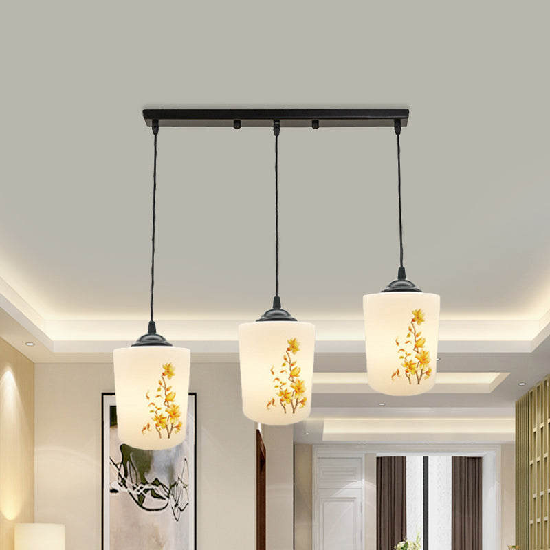 Witdruk Glas Zwart Multi Pendant Lamp Cilinder 3-Licht eetkamer Suspensie Licht met ronde/lineaire luifel