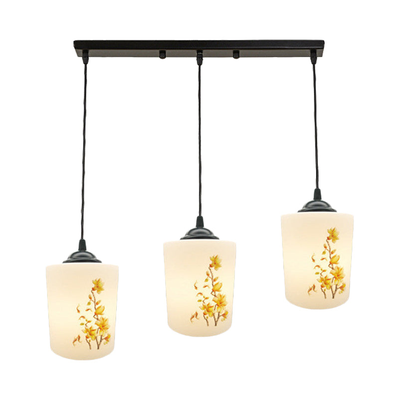 Witdruk Glas Zwart Multi Pendant Lamp Cilinder 3-Licht eetkamer Suspensie Licht met ronde/lineaire luifel