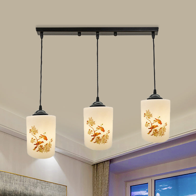 Witdruk Glas Zwart Multi Pendant Lamp Cilinder 3-Licht eetkamer Suspensie Licht met ronde/lineaire luifel