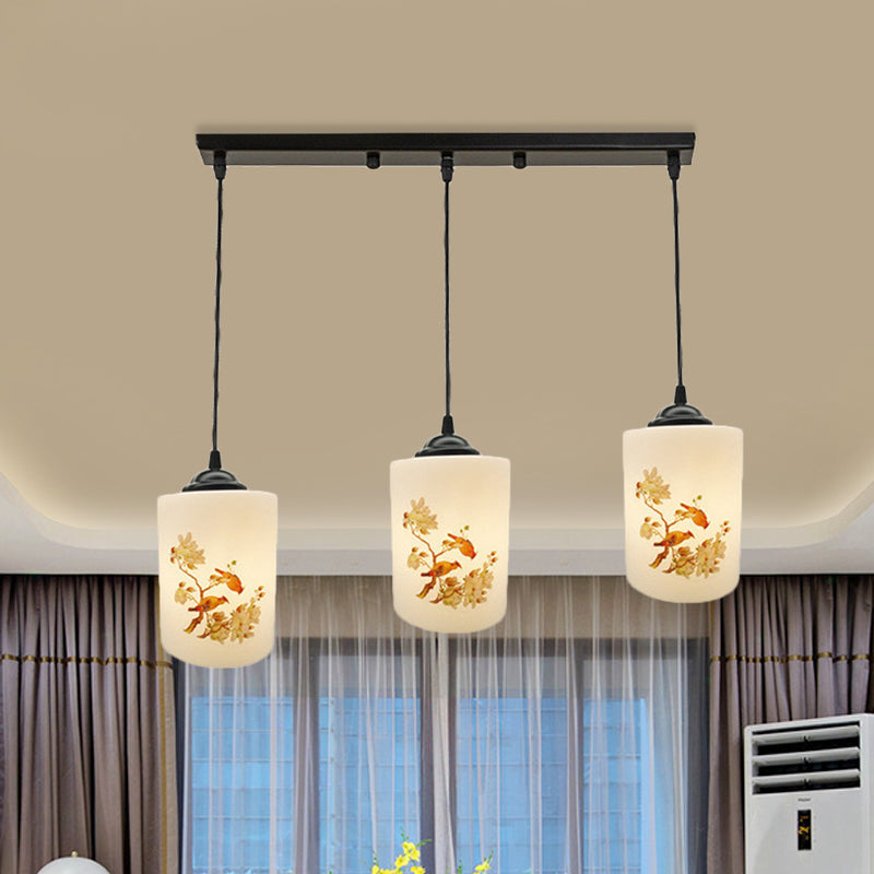 Witdruk Glas Zwart Multi Pendant Lamp Cilinder 3-Licht eetkamer Suspensie Licht met ronde/lineaire luifel