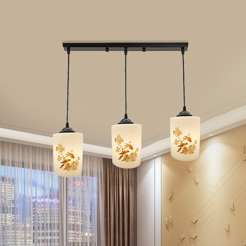 Witdruk Glas Zwart Multi Pendant Lamp Cilinder 3-Licht eetkamer Suspensie Licht met ronde/lineaire luifel
