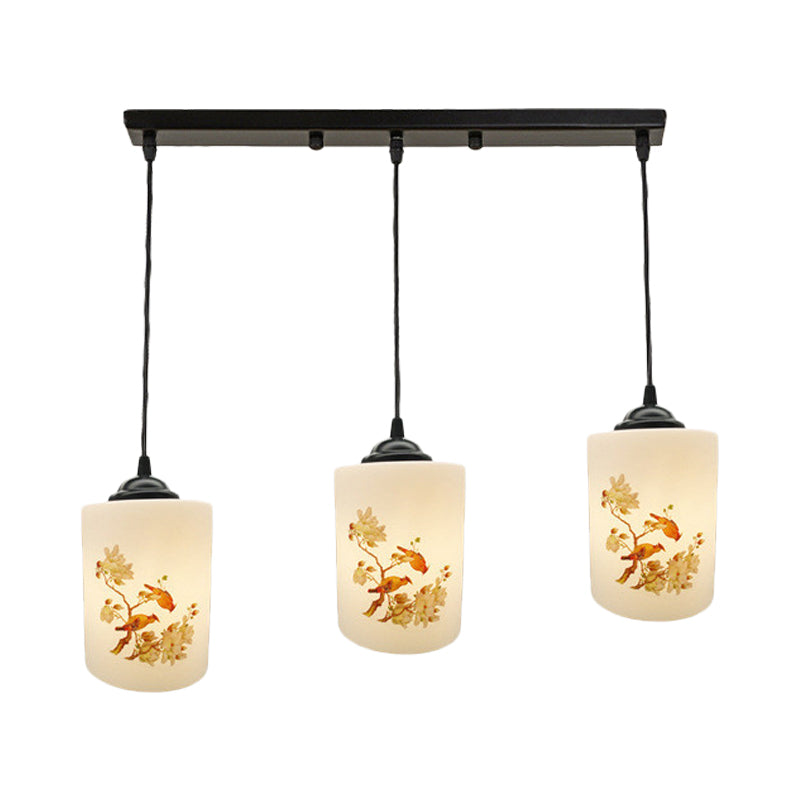 Witdruk Glas Zwart Multi Pendant Lamp Cilinder 3-Licht eetkamer Suspensie Licht met ronde/lineaire luifel