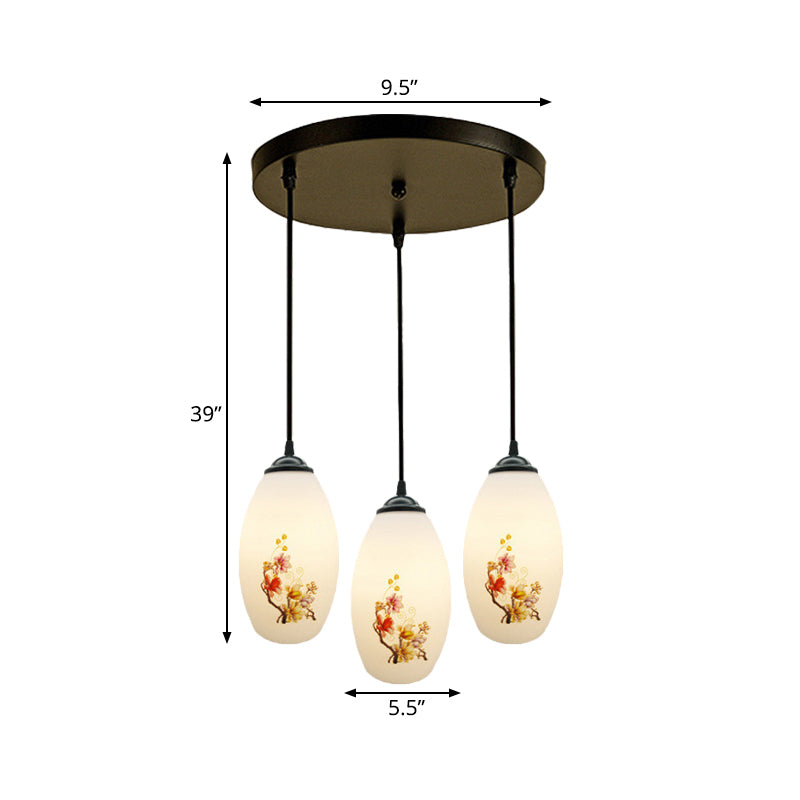 3 Bulbs Multiple Hanging Light Modern Oblong Frosted White Glass Linear/Round Canopy Pendulum Lamp with Flower Pattern
