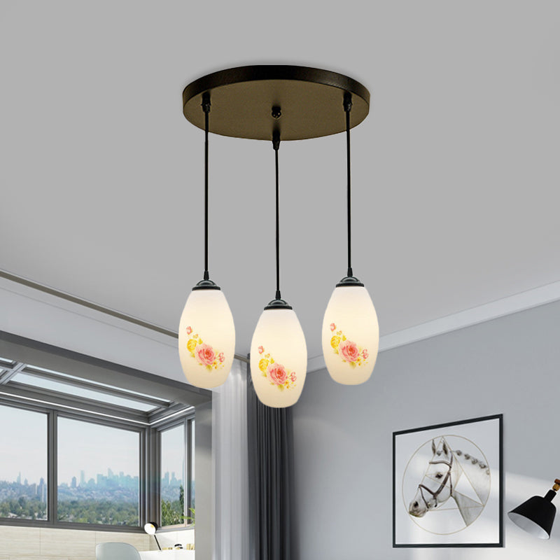 3 Bulbs Multiple Hanging Light Modern Oblong Frosted White Glass Linear/Round Canopy Pendulum Lamp with Flower Pattern