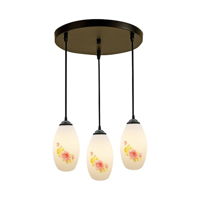 3 Bulbs Multiple Hanging Light Modern Oblong Frosted White Glass Linear/Round Canopy Pendulum Lamp with Flower Pattern