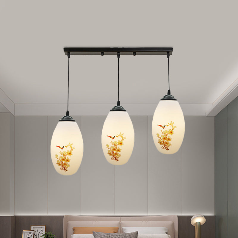 3 Bulbs Multiple Hanging Light Modern Oblong Frosted White Glass Linear/Round Canopy Pendulum Lamp with Flower Pattern