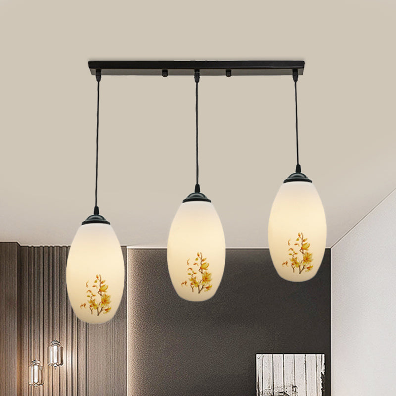 3 Bulbs Multiple Hanging Light Modern Oblong Frosted White Glass Linear/Round Canopy Pendulum Lamp with Flower Pattern