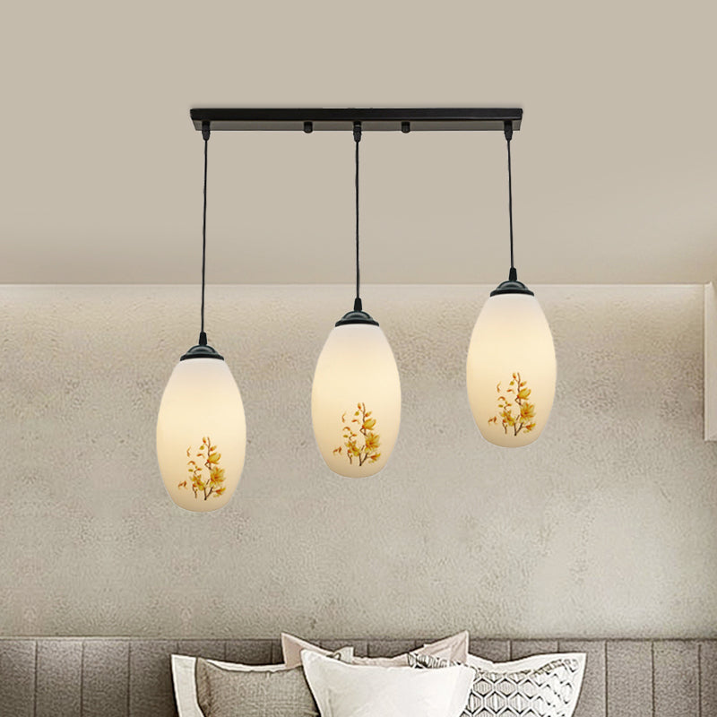 3 Bulbs Multiple Hanging Light Modern Oblong Frosted White Glass Linear/Round Canopy Pendulum Lamp with Flower Pattern