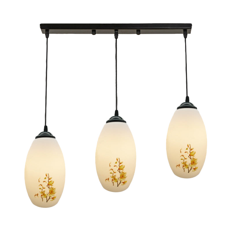 3 Bulbs Multiple Hanging Light Modern Oblong Frosted White Glass Linear/Round Canopy Pendulum Lamp with Flower Pattern