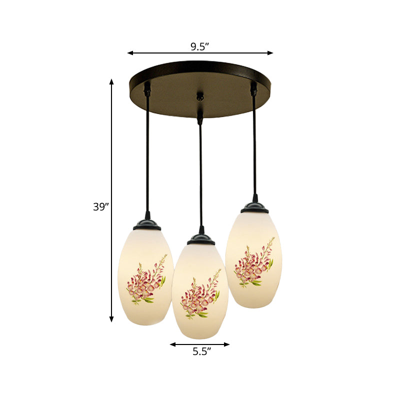Minimalism Oval Multi Lamp Pendant 3 Heads White Frosted Glass Suspension Light in Black with Linear/Round Canopy