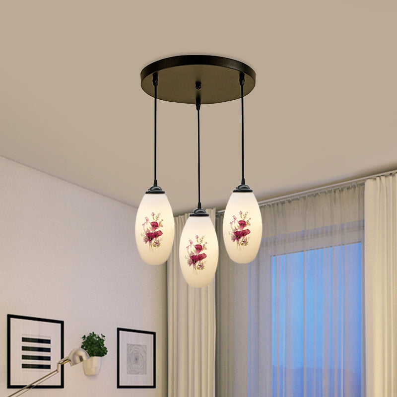 3 Lights Oval Multi-Pendant Modern Black Finish White Printed Glass Ceiling Hang Fixture with Round/Linear Canopy