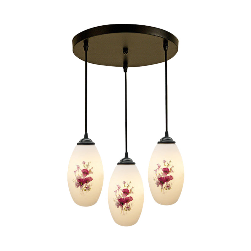3 Lights Oval Multi-Pendant Modern Black Finish White Printed Glass Ceiling Hang Fixture with Round/Linear Canopy