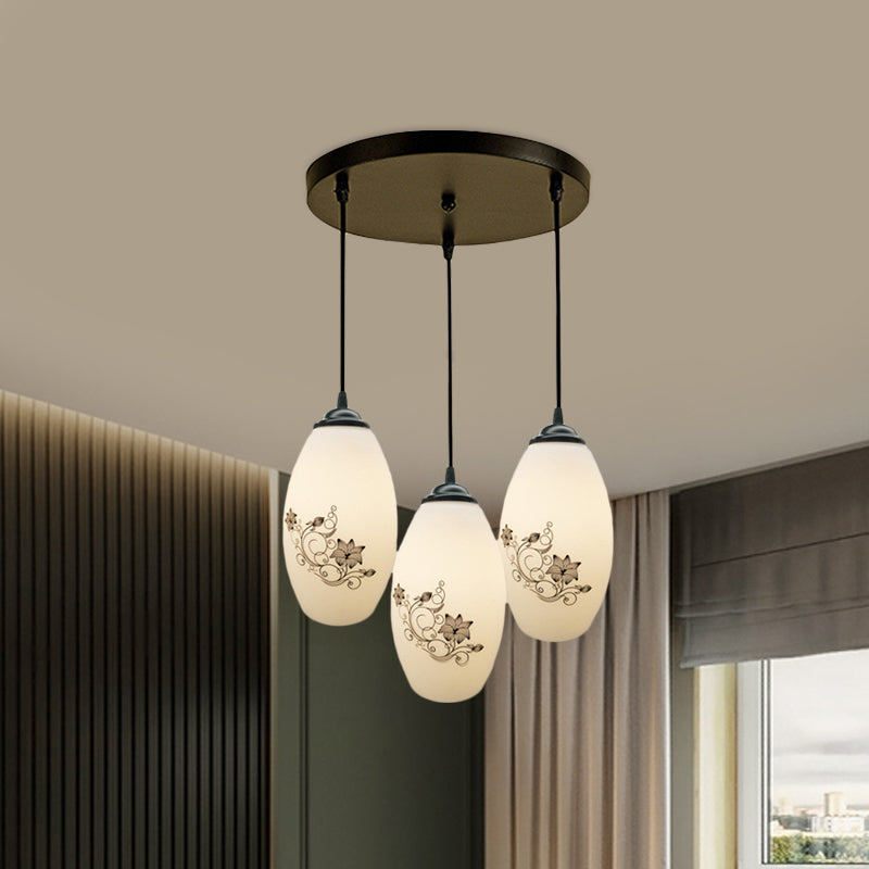 3 Lights Oval Multi-Pendant Modern Black Finish White Printed Glass Ceiling Hang Fixture with Round/Linear Canopy
