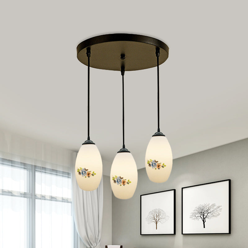 3 Lights Oval Multi-Pendant Modern Black Finish White Printed Glass Ceiling Hang Fixture with Round/Linear Canopy