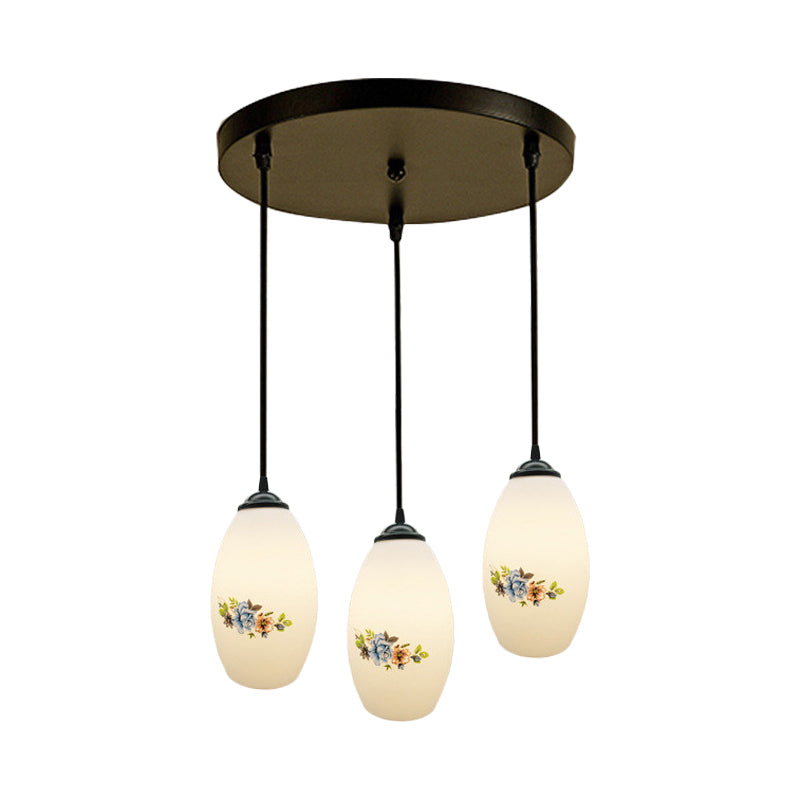 3 Lights Oval Multi-Pendant Modern Black Finish White Printed Glass Ceiling Hang Fixture with Round/Linear Canopy