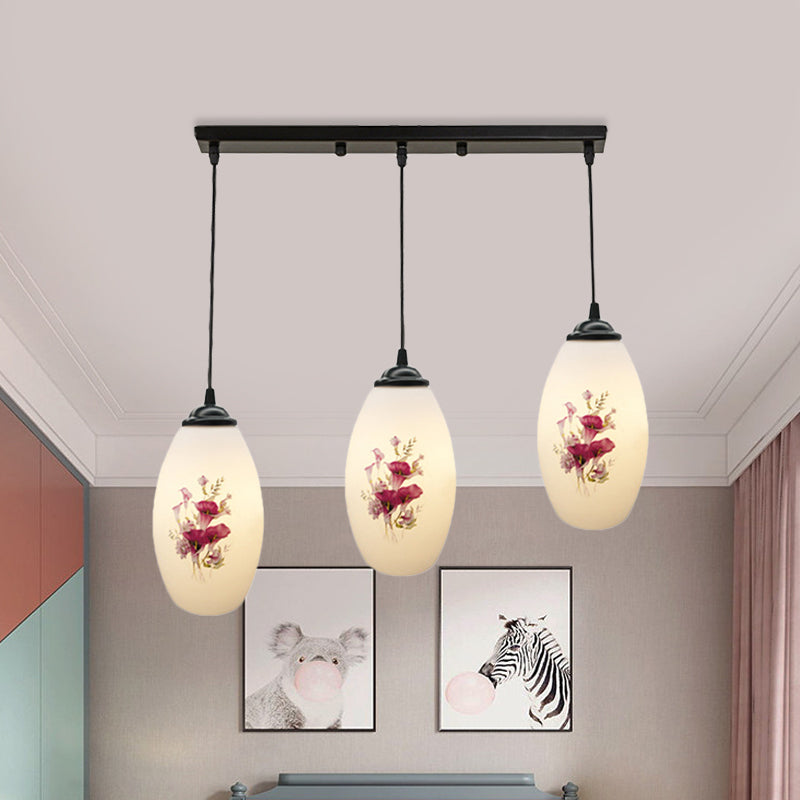 3 Lights Oval Multi-Pendant Modern Black Finish White Printed Glass Ceiling Hang Fixture with Round/Linear Canopy