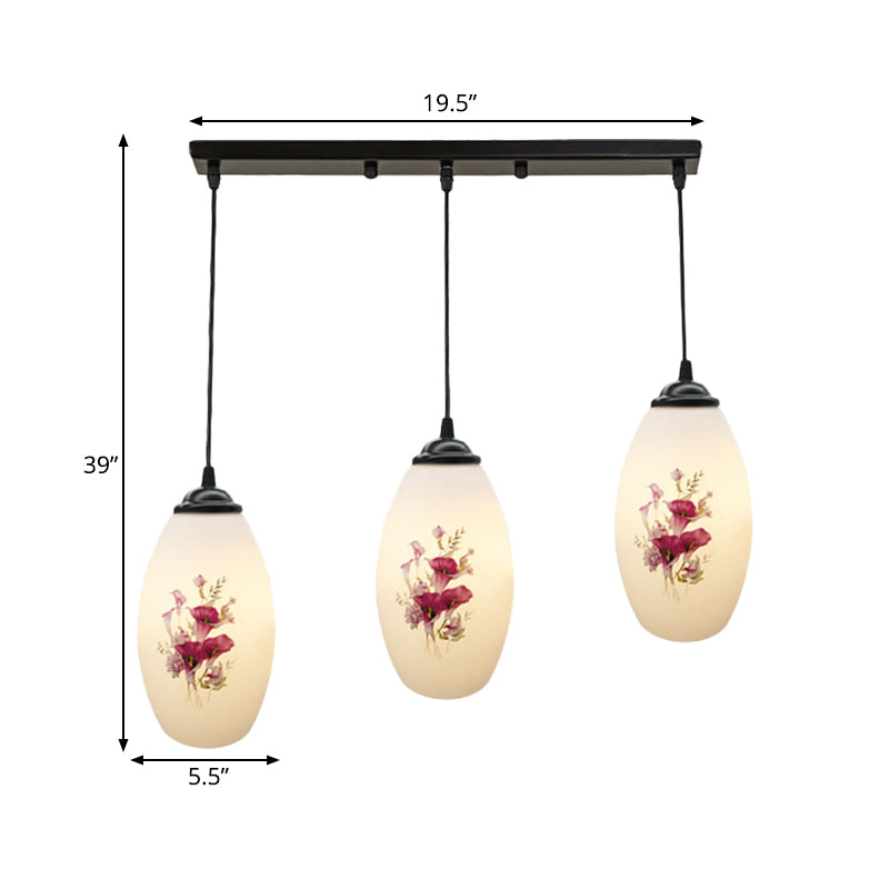 3 Lights Oval Multi-Pendant Modern Black Finish White Printed Glass Ceiling Hang Fixture with Round/Linear Canopy