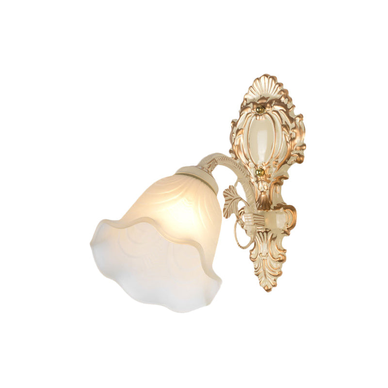 Floral Frosted Glass Wall Sconce Vintage 1 Bulb Bedroom Wall Mounted Light Fixture in Beige