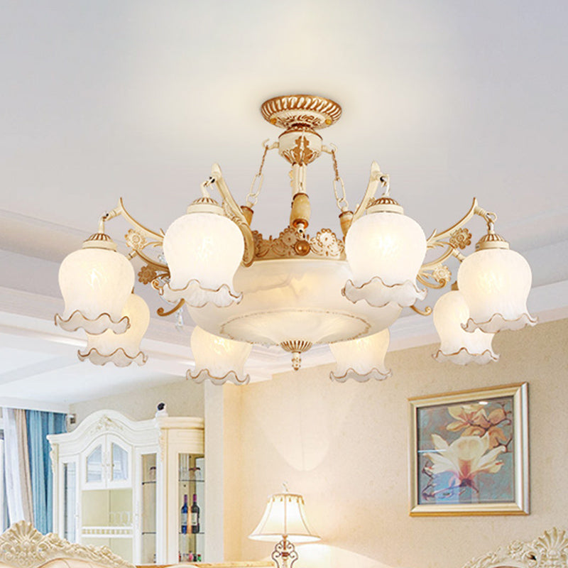 White Glass Floral Ceiling Light Rustic 7/9/11 Heads Living Room Semi Flush Mount Lighting