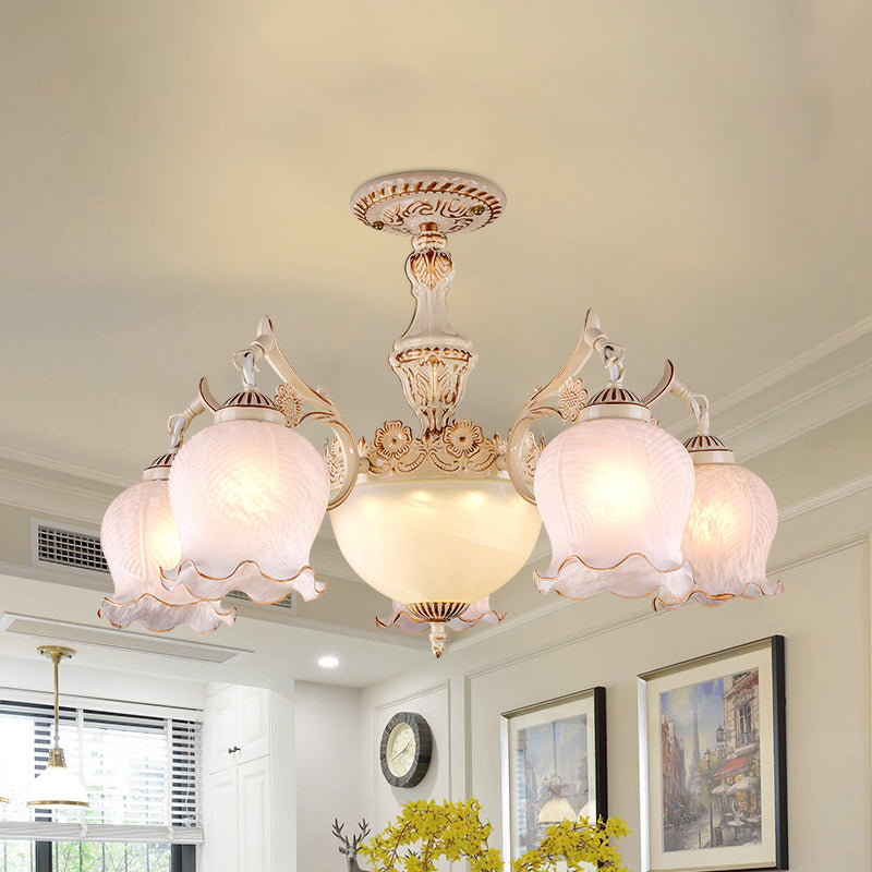 White Glass Floral Ceiling Light Rustic 7/9/11 Heads Living Room Semi Flush Mount Lighting
