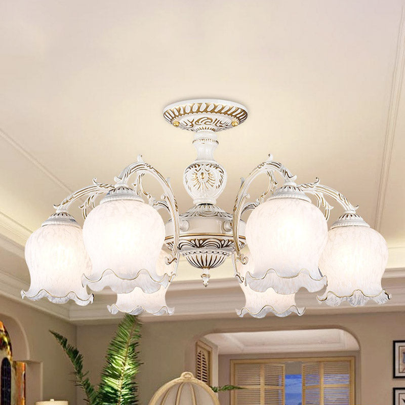 Blume Wohnzimmer semi Flush Rustikale Weiss Glas 3/5/6 Bulben Beige Flush Mount Light Halterung