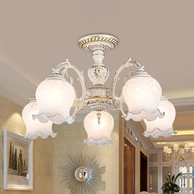 Blume Wohnzimmer semi Flush Rustikale Weiss Glas 3/5/6 Bulben Beige Flush Mount Light Halterung