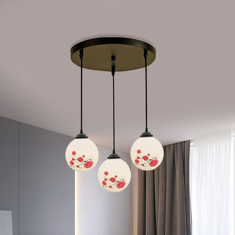 3 Heads Orb Multi-Pendant Modernism Black Finish White Frosted Glass Hanging Light Kit with Flower Pattern and Round/Linear Canopy