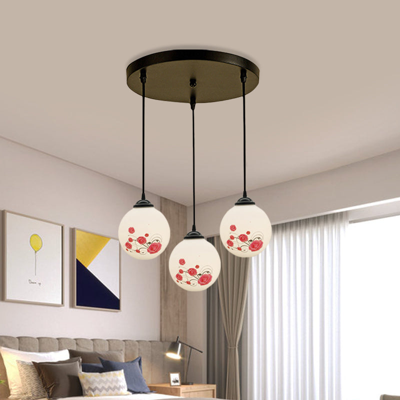 3 Heads Orb Multi-Pendant Modernism Black Finish White Frosted Glass Hanging Light Kit with Flower Pattern and Round/Linear Canopy