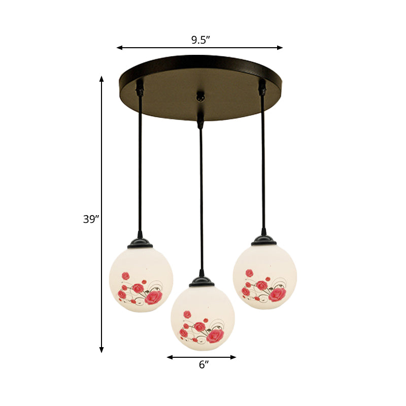 3 Heads Orb Multi-Pendant Modernism Black Finish White Frosted Glass Hanging Light Kit with Flower Pattern and Round/Linear Canopy