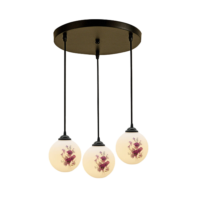 3 Heads Orb Multi-Pendant Modernism Black Finish White Frosted Glass Hanging Light Kit with Flower Pattern and Round/Linear Canopy