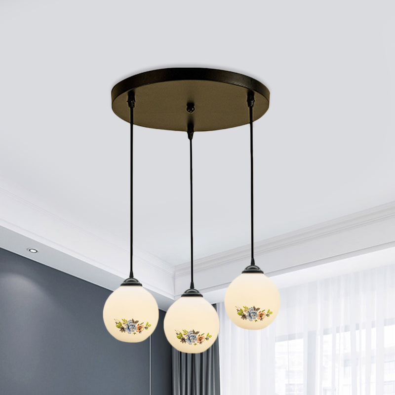 3 Heads Orb Multi-Pendant Modernism Black Finish White Frosted Glass Hanging Light Kit with Flower Pattern and Round/Linear Canopy