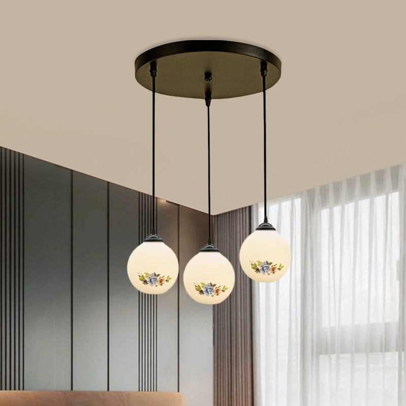 3 Heads Orb Multi-Pendant Modernism Black Finish White Frosted Glass Hanging Light Kit with Flower Pattern and Round/Linear Canopy