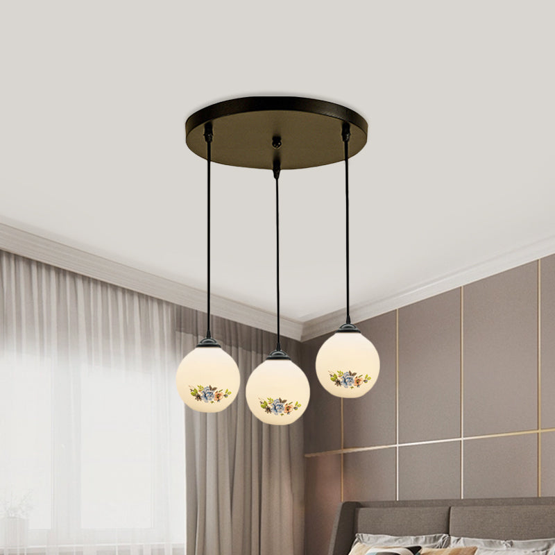 3 Heads Orb Multi-Pendant Modernism Black Finish White Frosted Glass Hanging Light Kit with Flower Pattern and Round/Linear Canopy
