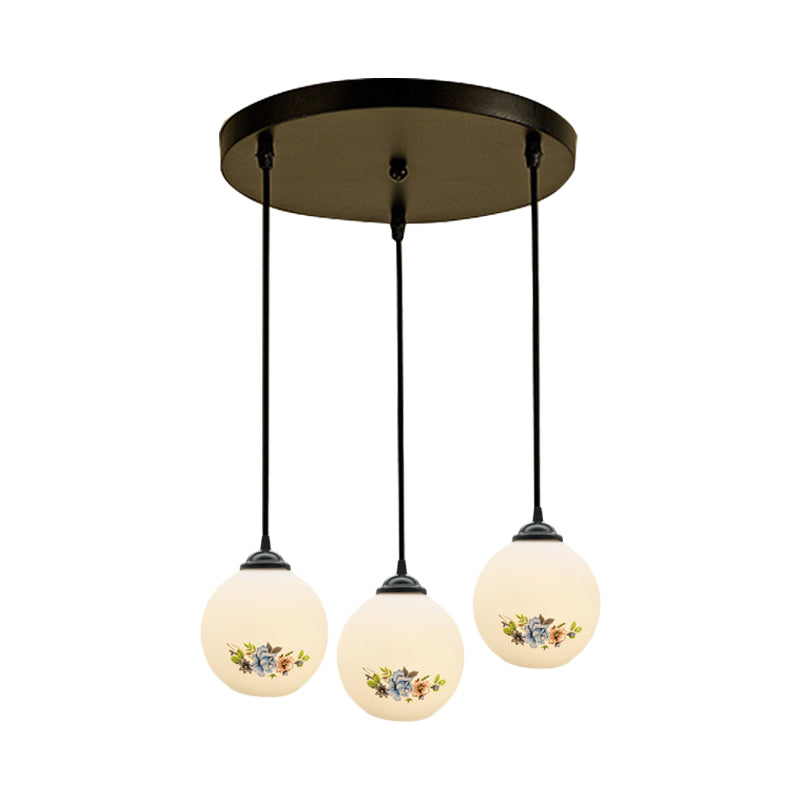 3 Heads Orb Multi-Pendant Modernism Black Finish White Frosted Glass Hanging Light Kit with Flower Pattern and Round/Linear Canopy