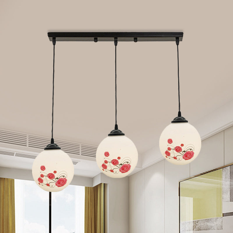 3 Heads Orb Multi-Pendant Modernism Black Finish White Frosted Glass Hanging Light Kit with Flower Pattern and Round/Linear Canopy
