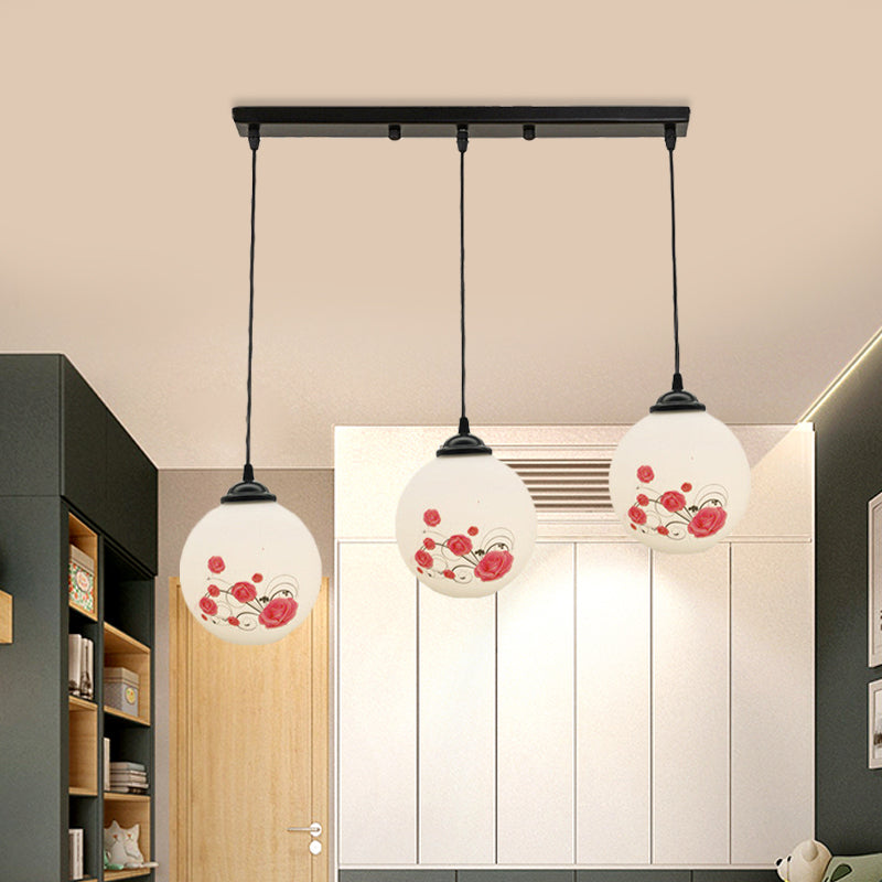 3 Heads Orb Multi-Pendant Modernism Black Finish White Frosted Glass Hanging Light Kit with Flower Pattern and Round/Linear Canopy
