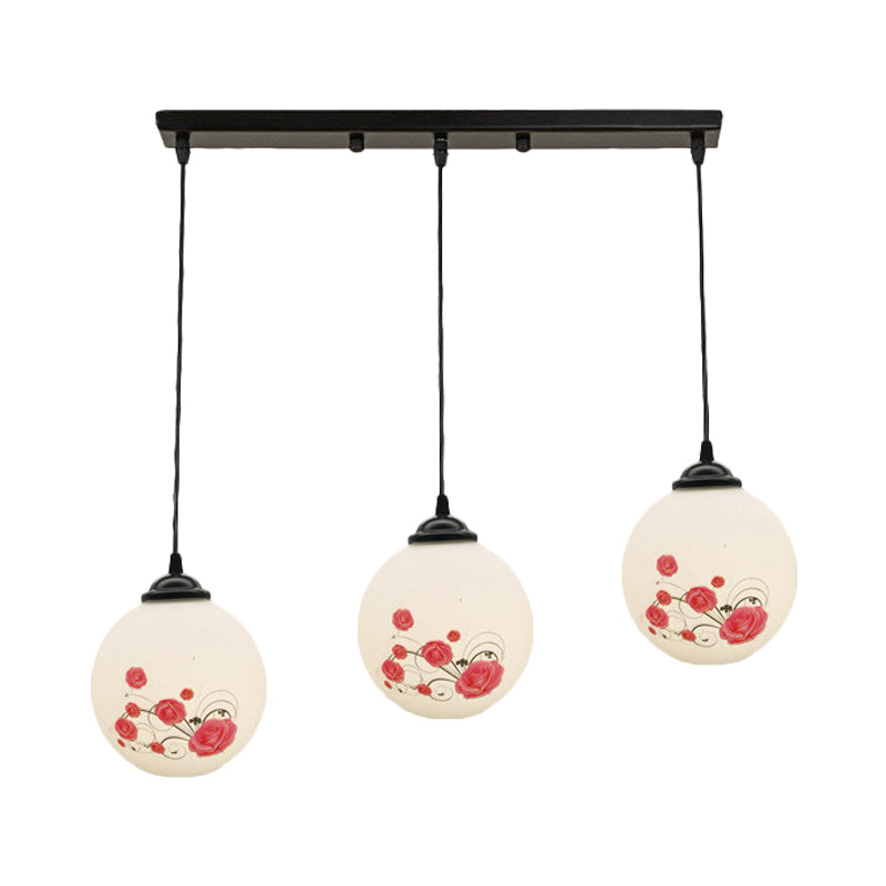 3 Heads Orb Multi-Pendant Modernism Black Finish White Frosted Glass Hanging Light Kit with Flower Pattern and Round/Linear Canopy