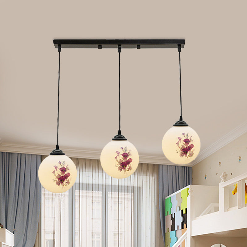 3 Heads Orb Multi-Pendant Modernism Black Finish White Frosted Glass Hanging Light Kit with Flower Pattern and Round/Linear Canopy